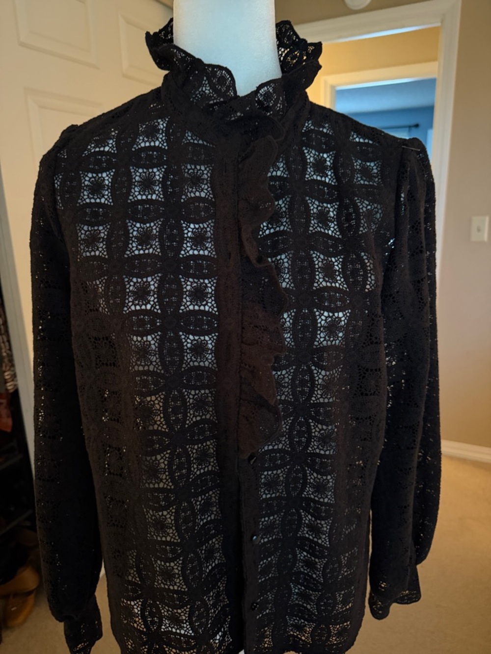 Sezane Chlo Black Lace Ruffle-Neck Blouse